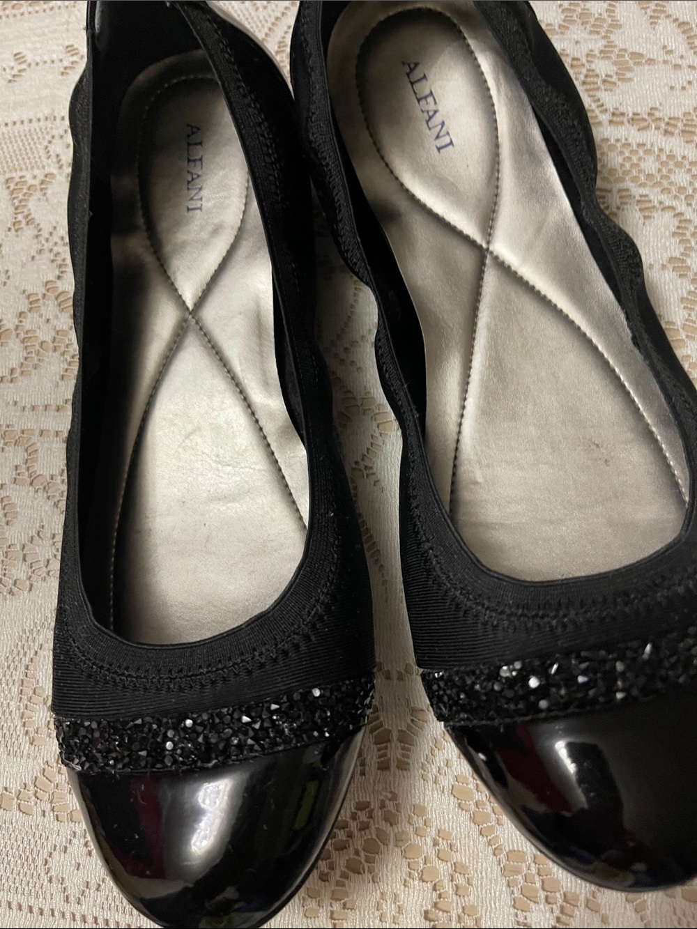 Alfani Black Women's Ballet Flats with Patent Toe and Glitter Trim